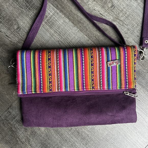 Peruvian Crossbody/Clutch Foldover Bag Purple with Rainbow Striping Wrist Strap - Picture 2 of 9